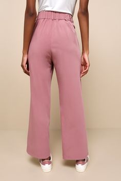 Create a luxe look in an instant with the Lulus Posh Mindset Mauve High-Waisted Wide-Leg Trouser Pants! Sleek woven fabric shapes these style-forward pants that have a high-waisted silhouette (with elastic at the back for best fit), belt loops, a hidden zip-fly, and double-clasp top closures. Relaxed, wide pant legs with side seam pockets end at ankle-length hems. Fit: This garment fits true to size. Length: Ankle length. Size medium Inseam: 28.00 Front Rise: 12.75 Waist: Fitted - elastic waist Chic Wide Leg Trousers, Chic Wide-leg Pants, Chic Solid Color Wide Leg Pants, Chic Wide Leg Ankle-length Pants, Chic Solid Color Wide-leg Pants, Elegant Stretch Wide-leg Pants, Elegant Solid Color Dress Pants For Summer, Chic High Waist Wide Leg Pants With Elastic Waistband, Chic Wide Leg High Waist Pants With Elastic Waistband