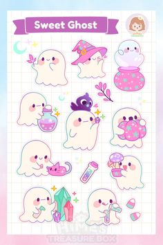 Cute Sweet Ghost sticker sheet for planner, journaling, scrapbooking, and other decoration needs that will not be in contact with water or sunlight. -- Printed on matte vinyl sticker paper (not waterproof). -- Actual product may show color variance depending on personal screen settings. Thank you for checking Hime's Treasure Box! Feel free to message me for any questions or concerns. Stay cute! Sticker Sheet Ideas, Cute Sticker Designs, Kawaii Halloween Stickers, Cute Kawaii Stickers, Ghost Box, Planner Journaling, Printable Sticker Sheets, Sticker Design Inspiration, Arte Do Kawaii