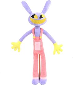 a purple stuffed animal with yellow eyes and pink overalls, standing in front of a white background