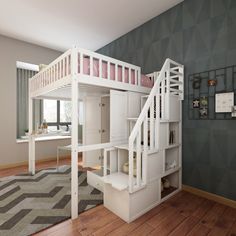 there is a loft bed with stairs in the room