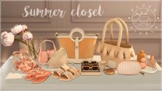 an assortment of women's shoes and purses on a table with the words summer closet next to it