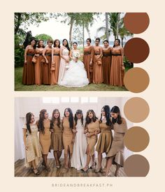 the bride and her bridesmaids are posing for their wedding pictures in different shades