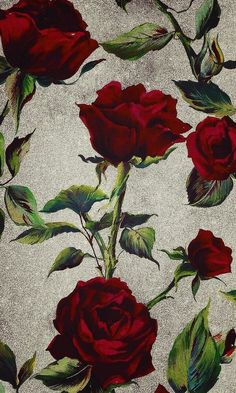 a painting of red roses with green leaves on a white background and gray wallpaper