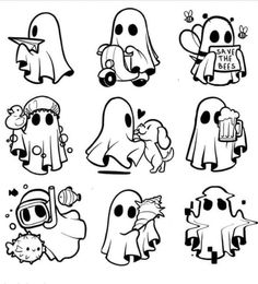 halloween ghost stickers are shown in black and white