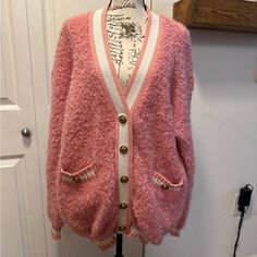 Like New, Oversized Fit. Medium. Retails For $450. 100% Polyester, 46% Mohair, 46% Wool, 8% Polyamide Pink V-neck Winter Cardigan, Cozy Pink V-neck Outerwear, Trendy Pink V-neck Outerwear, Pink V-neck Winter Outerwear, Pink V-neck Trendy Outerwear, Oversized Chic Pink Cardigan, Chic Oversized Pink Cardigan, Cozy Pink V-neck Sweater, Chic Pink V-neck Cardigan