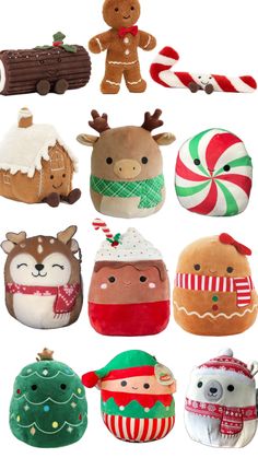 many different stuffed animals are shown together in this collage with candy canes and candies