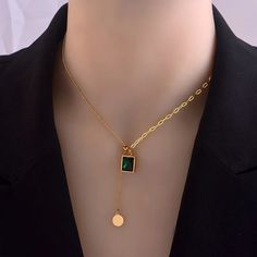 Occasion: Anniversary, Engagement, Gift, Party, Wedding Material: Stainless Steel All Measurements Are Done By Hand, Actual Dimensions Might Vary Slightly Emerald Necklace Pendant, Women Choker Necklace, Verde Smeraldo, Womens Chokers, Party Necklace, Emerald Pendant, Gold Necklace Women, Square Pendant, Crystal Necklace Pendant