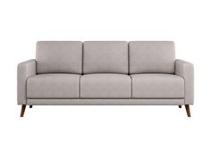 a gray couch with wooden legs on a white background