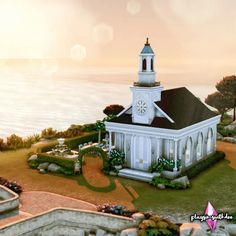 an artist's rendering of a white church by the ocean