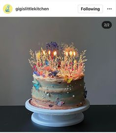 there is a cake that has been decorated with flowers and butterflies on it for someone's birthday