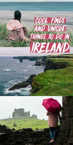 there is a woman with an umbrella standing on the rocks by the water and looking at the ocean