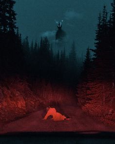 a person laying down in the middle of a road with trees and fog behind them