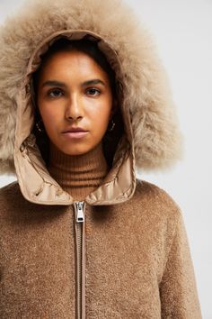 Beige Marne Teddy Short Down Jacket - Short Down Jackets for Women | Moncler US Winter Beige Outerwear With Double-lined Hood, Beige Double-lined Hood Winter Outerwear, Beige Outerwear With Drawstring Hood For Cold Weather, Beige Winter Parka With Drawstring Hood, Beige Drawstring Hood Parka For Winter, Luxury Winter Hoodie, Beige Hooded Jacket With Detachable Hood For Cold Weather, Luxury Hooded Jacket With Double-lined Hood, Luxury Outerwear With Detachable Hood And Long Sleeves