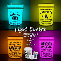 three buckets with labels on them and the words light bucket written in different colors