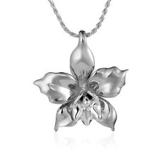 In this photo there is a white gold orchid flower pendant. Orchid Necklace, Gold Orchid, Silver Jewellery Indian, Hawaiian Jewelry, Fine Silver Jewelry, Jewelry Bracelets Silver, Silver Jewelry Design, Silver Jewelry Necklace, Jewelry Hand