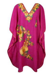 Women Fuchsia Embroidered, Oversized Tunic, Short Kaftan Dress, Leisure Wear L-2X, This Women Fuchsia Embroidered Oversized Tunic is perfect for the modern, stylish woman. Made with leisure wear in mind, this dress combines comfort and fashion, making it perfect for any occasion. The beautiful embroidery details add a touch of elegance, while the relaxed and oversized fit provides both style and comfort. Indulge in the lively spirit of summer with our exquisitely crafted Embroidered Caftan Dress Long Pink Embroidered Kaftan, Long Embroidered Pink Kaftan, Spring Pink Embroidered Kaftan, Spring Embroidered Pink Kaftan, Pink Floral Embroidered Kaftan For Summer, Pink Embroidered Kaftan For Beach, Embroidered Pink Kaftan For Beach, Pink Embroidered V-neck Kaftan, Short Kaftan Dress