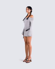 Chic, and cozy is the best duo ever 🤍 This two-piece ensemble features a grey sweater mini dress, paired with a black faux leather ring belt for a look that will have you looking and feeling good everywhere you go 😛 Chic Gray Mini Sweater Dress, Chic Gray Mini Dress For Winter, Gray Mini Dress For Fall Night Out, Chic Gray Mini Dress For Day Out, White Corset Dress, Sweater Mini Dress, Yellow Mini Dress, Fall Must Haves, Ring Belt