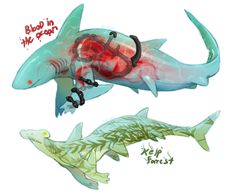 two different types of sharks with blood on them