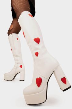 Get the Instagram-worthy look with Jam Tarts Platform Knee High Boots. These white vegan boots feature red hearts and a platform sole for added style. White Hight Boots, White Ankle Boots Red Dress, Red Bridal Boots, White Platform Chunky Boots, White Gogó Boots, White Boots Hearts, White Chunky Boots Outfit, Cute Heart Boots, White Chinky Boots