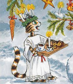 a cat is holding a tray with food on it and candles in its paws,