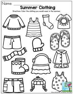 the printable coloring page for summer clothing, with pictures of clothes and hats on it