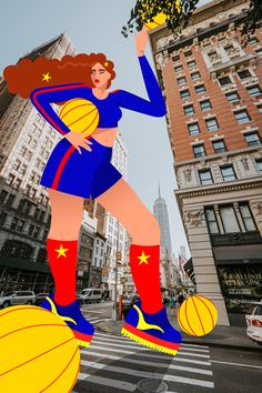 a woman in blue and red is playing with a basketball on the street near tall buildings