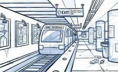 a blue and white drawing of a subway