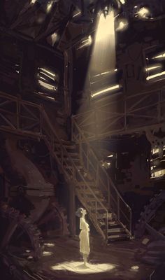 a woman standing in front of a stair case under a bright light that is shining down on her