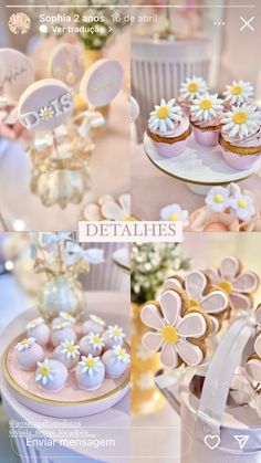 the table is decorated with pink and white cakes, cupcakes, and cookies