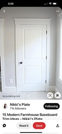 a white door in the corner of a room with two windows and an instagram