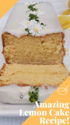 a lemon cake with white frosting and daisies on it