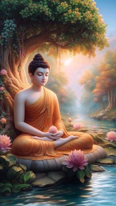 buddha sitting in the lotus position with water and trees around him, surrounded by flowers