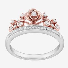 Channel your inner princess with this stunning two-tone Enchanted Disney Fine Jewelry cocktail ring to honor Belle from Beauty and the Beast. Crafted from 14K Rose Gold Over Silver and Sterling Silver, it features an intricate rose-shaped design and comes set with round-cut natural diamonds. Ring Style: Cocktail RingsFeatures: Quick ShipCharacter: Beauty And the Beast, Disney Princess, BelleDiamond Clarity: I2-I3Setting: Multi-SettingShape: FlowerStone Cut: RoundDiamond Color: I-JMetal Color: Tw Disney Engagement Rings, Belle Princess, Beauty And The Beast Belle, Disney Enchanted, Enchanted Disney, Enchanted Disney Fine Jewelry, Vintage Engagement Rings Sapphire, Silver Cocktail, Rose Engagement Ring