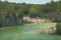 many people are swimming in the water near some rocks and trees, while others stand on the shore