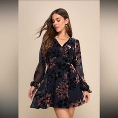 Stunning Feeling Navy Blue Velvet Floral Burnout Mini Dress” From Lulu’s. Size Medium, Brand New With Tags, Only Tried On Once. Smoke Free Home Open To Offers Formal Fall Mini Dress With Floral Print, Fall Party Floral V-neck Dress, Floral Party Dress For Fall, Long Sleeve Floral Party Dress, Bridget Satterlee, Navy Blue Floral Dress, Blue Skater Dress, Navy Blue Velvet, Latest Fashion Dresses