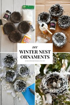 several different pictures with the words winter nest ornament's on them and other decorations