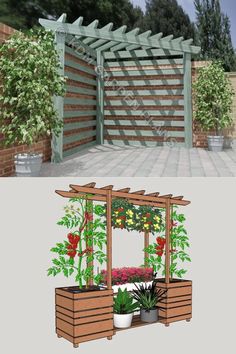 two different views of an outdoor garden with flowers and plants in the planter boxes