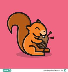 an orange squirrel holding a nut in its paws on a pink background with the caption's logo below it