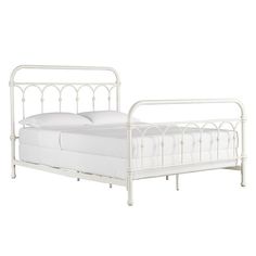 a white metal bed frame with two pillows on the top and bottom, against a white background