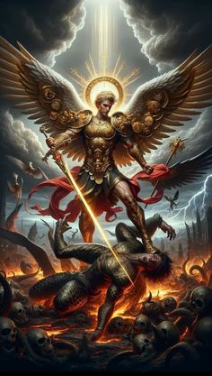 an angel standing on top of a demon surrounded by fire and skulls in the sky