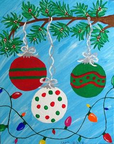 an acrylic painting of christmas ornaments hanging from a tree branch