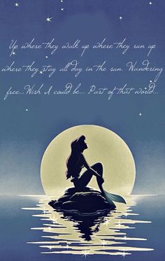 the little mermaid sitting on top of a rock in front of a full moon and stars