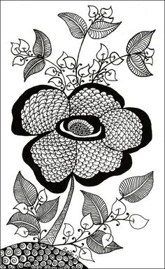 a black and white drawing of a flower with leaves on the bottom, surrounded by other flowers