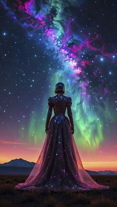 a woman in a purple dress looking up at the sky with an aurora bore behind her