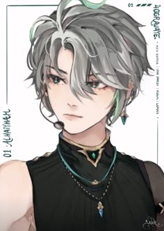 an anime character with grey hair and black shirt, wearing a necklace that is attached to his chest