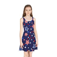 Made for those easy-going summer days, this sleeveless sundress is the perfect way to celebrate fine weather. Its chic style with the A-line cut, mid-length, round neckline keeps it breathable while the eight different sizes enable girls from the age of 2 and above to look their absolute cutest. Made with 95% polyester and 5% spandex for silky comfort.  .: Material: 95% polyester, 5% spandex .: Medium fabric (6.5 oz/yd² (220 g/m .: Mid-length .: A-line cut .: Seam thread color automatically matc Casual Beach Dress For 4th Of July, Blue Sleeveless Dress For Beach, Sleeveless Star Print Spring Dress, Sleeveless Beach Dress For 4th Of July, Casual Blue Dress For 4th Of July, Casual Spring Dress With Star Print, Blue Star Print Dress For Spring, Blue Dress With Star Print For Spring, Blue Spring Dress With Star Print