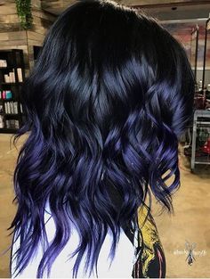 Black Hair With Hints Of Color, Subtle Fantasy Hair Color, Dark Blue With Purple Hair, Pops Of Hair Color, Black Hair With Highlights Medium Length, Black With Vivid Colors Hair, Dark Hairstyles Medium, Spring Hair Color Ideas For Brunettes Curly, Black Purple Hair Color