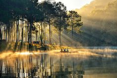 two people in a boat on a lake surrounded by trees with the sun shining through