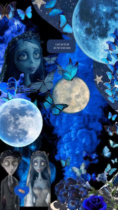 a collage of images with butterflies and moon in the sky, including two women