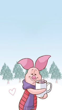 an animated pig holding a mug in the snow with trees behind it and hearts on its chest